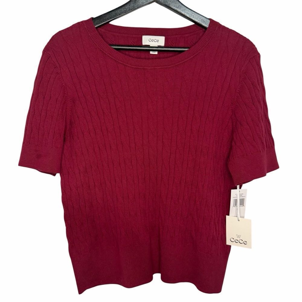 NWT CeCe Short Sleeve Cable Knit Sweater Top size XL Red Cotton Blend Preppy